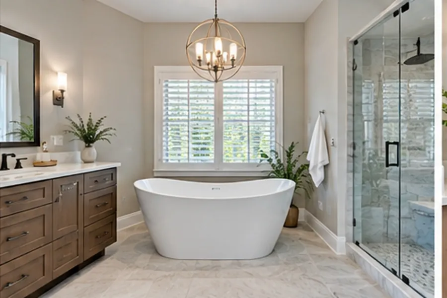 Freestanding soaking tub under a shuttered window with a warm wood vanity, globe chandelier and glass shower enclosure