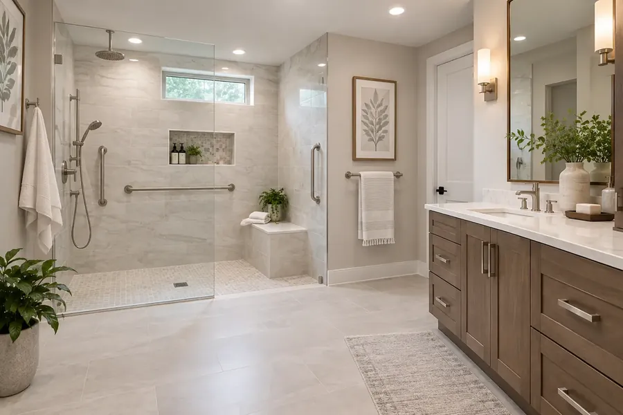 Curbless walk-in shower with two grab bars, a built-in bench, handheld sprayer and mosaic floor beside a wood vanity with a quartz top