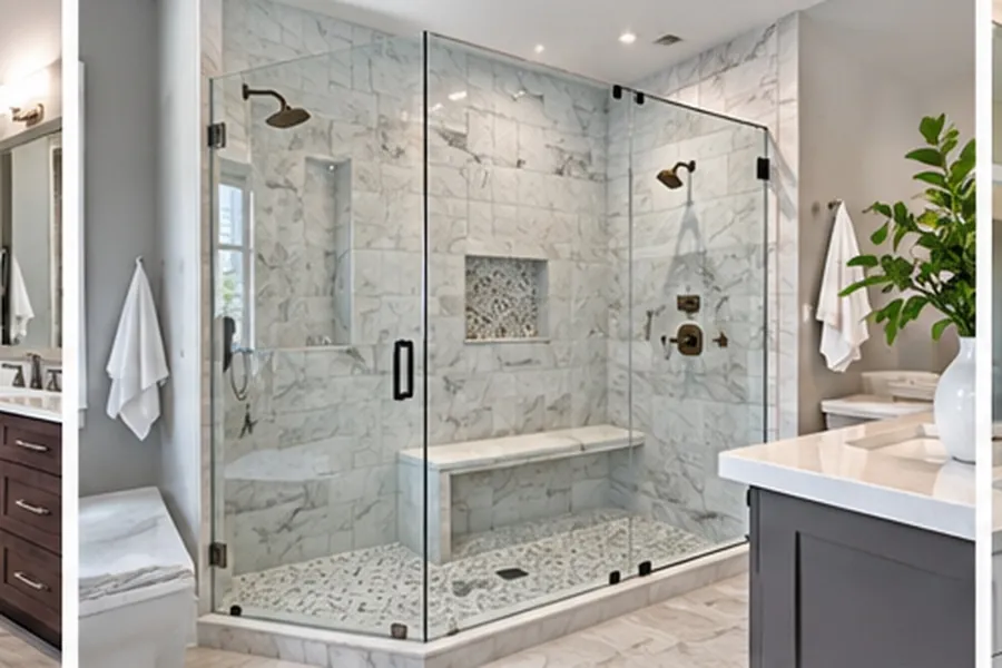 Large frameless glass walk-in shower with marble-look wall tile, a built-in seating bench and a recessed niche