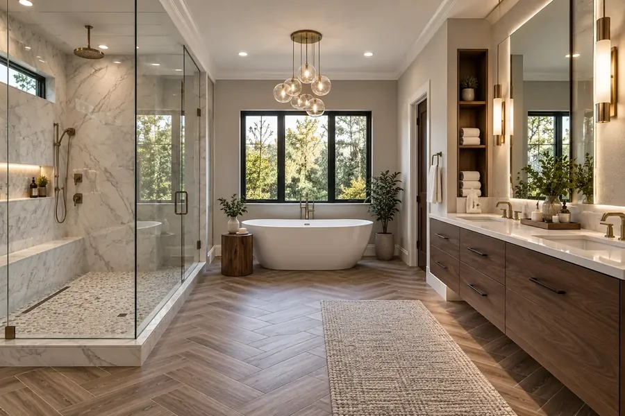 Primary bathroom with a marble-look glass shower with a pebble floor, freestanding tub, herringbone wood-look floor tile and a dark wood floating double vanity