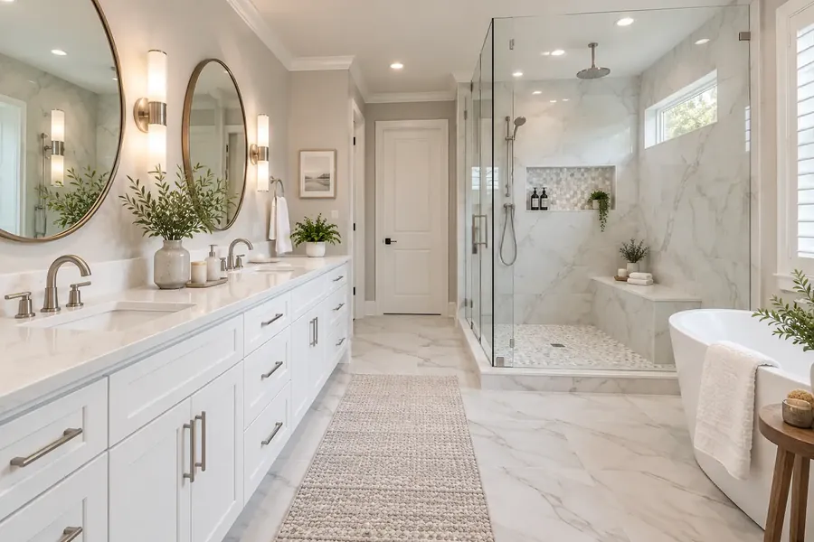 White double vanity with two round mirrors and sconces facing a marble-look corner glass shower with a bench and a freestanding tub