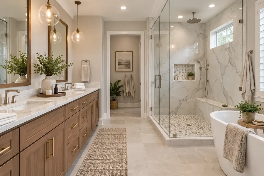 Long warm wood double vanity with framed mirrors and glass globe pendants facing a corner marble-look shower with a pebble floor and a freestanding tub