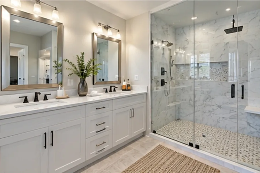 Low-threshold walk-in shower with a bench, handheld sprayer and pebble floor beside a white double vanity with two mirrors