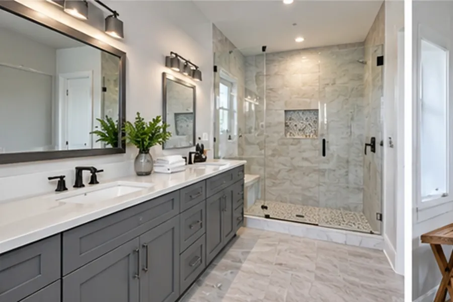 Long gray double vanity with two framed mirrors and quartz countertop facing a wide walk-in shower clad in stone-look tile