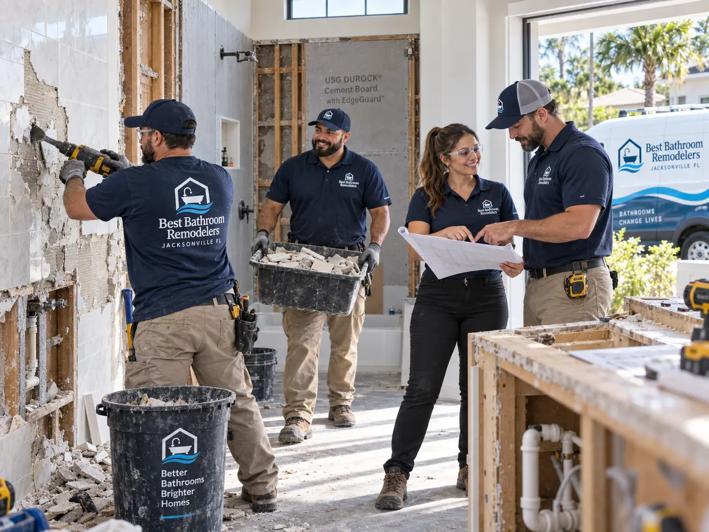 Demolition and preparation during a residential bathroom remodel in Jacksonville