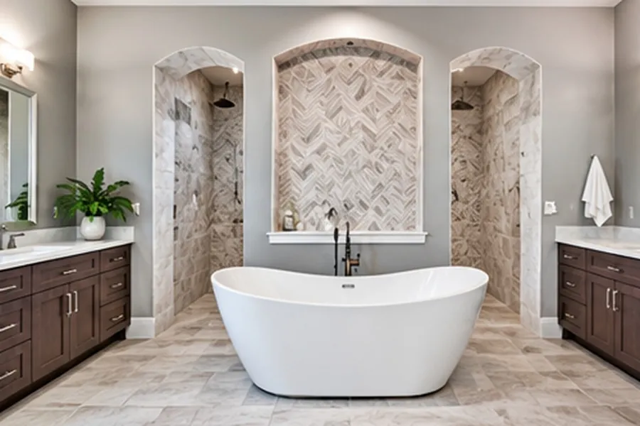Primary bathroom with a white freestanding tub centered between two arched tile shower openings and dark wood vanities on each side