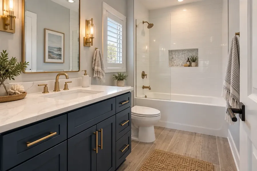 Guest bathroom with a navy shaker vanity, brass faucet and sconces, and a white subway tile tub and shower combination with a mosaic niche