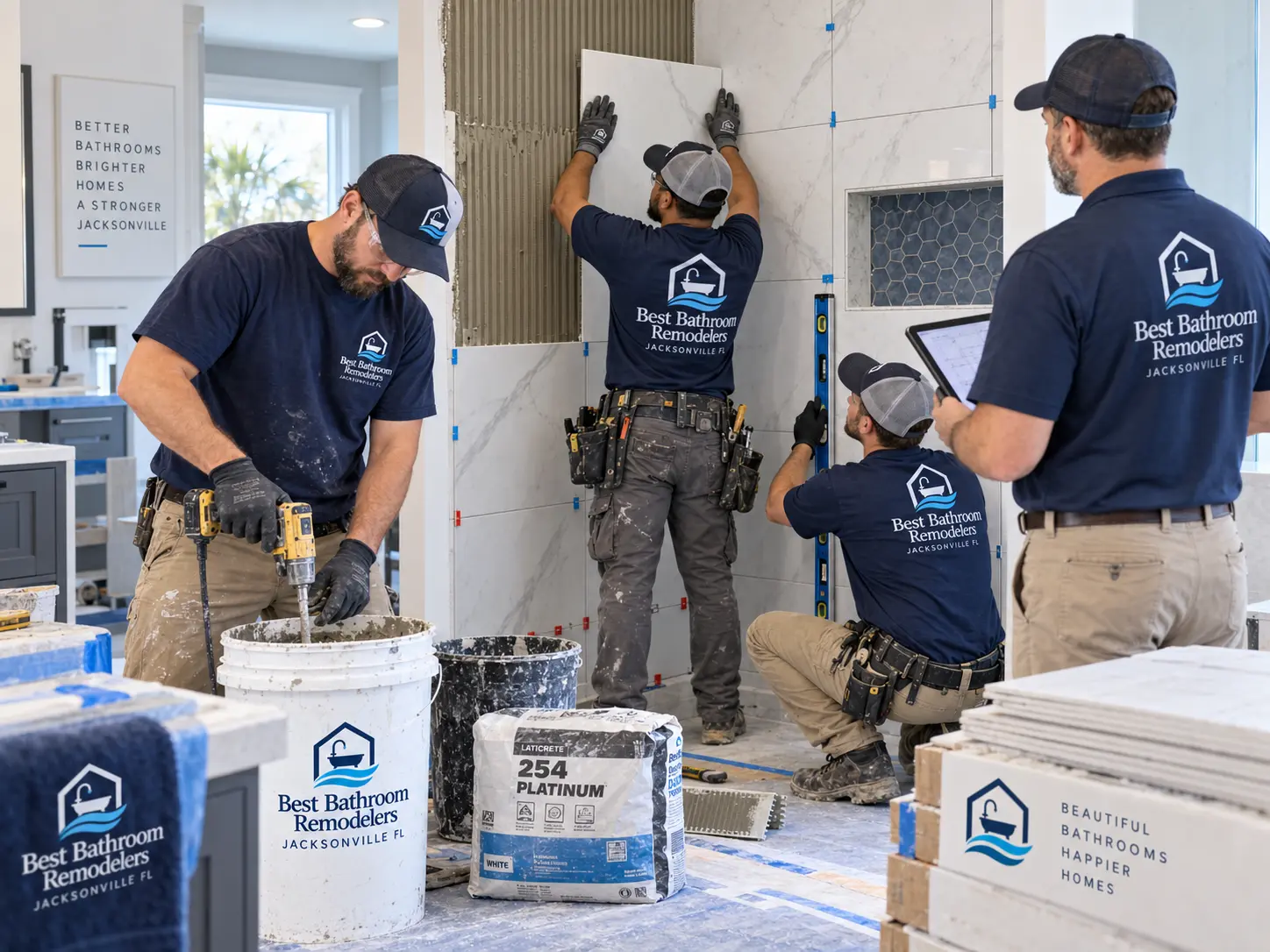 Shower tile installation during a residential bathroom remodel in Jacksonville