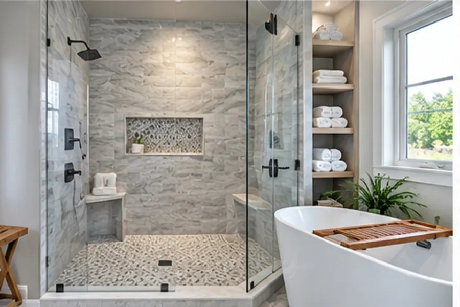 Wide glass walk-in shower with corner bench, pebble floor and open towel shelving next to a white freestanding soaking tub