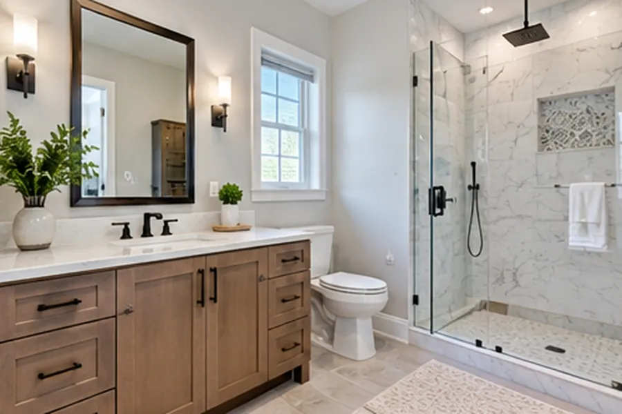 Compact bathroom with a warm wood single vanity, dark framed mirror, toilet and corner glass shower finished in marble-look tile