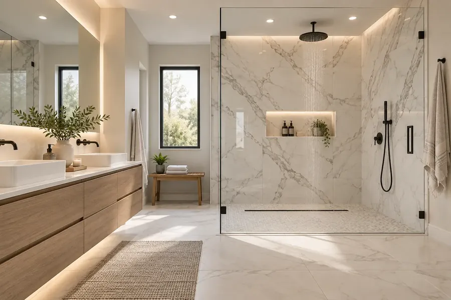 Curbless walk-in shower with dramatic marble-look tile, linear drain and black fixtures beside a floating wood vanity with two vessel sinks