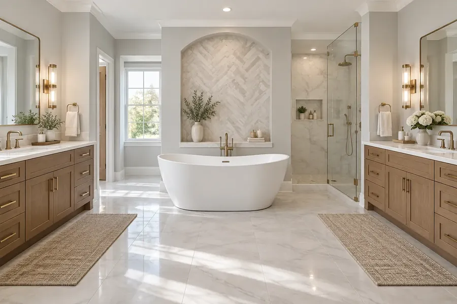 Primary bathroom with a freestanding tub in front of an arched herringbone tile niche, wood double vanities on both walls and a glass shower