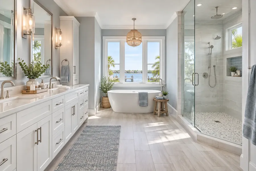 Coastal primary bathroom with a white double vanity, freestanding tub under windows with a water view and a glass shower with blue accent tile