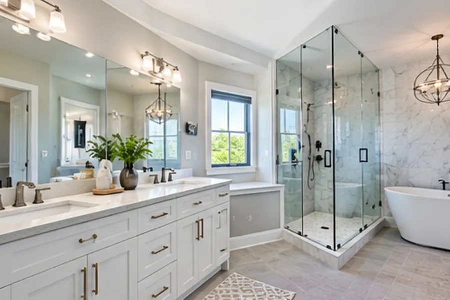 Bright primary bathroom with a long white double vanity, corner frameless glass shower and freestanding tub beneath a window
