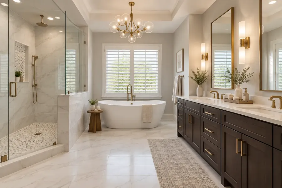 Primary bathroom with a white soaking tub under a shuttered window, brass globe chandelier and a dark wood double vanity with brass hardware