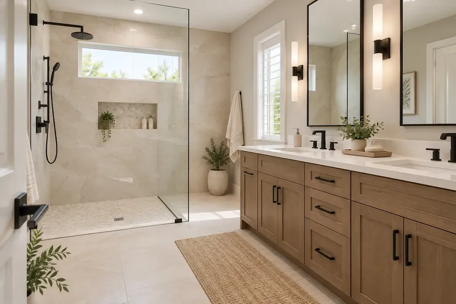 Walk-in shower with a single fixed glass panel, stone-look tile and black fixtures next to a wood double vanity with black hardware