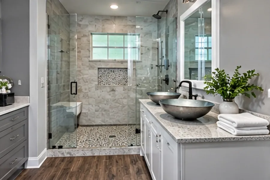 Walk-in shower with pebble floor, seating bench and recessed niche beside a vanity with two metal vessel sinks and wood-look plank flooring